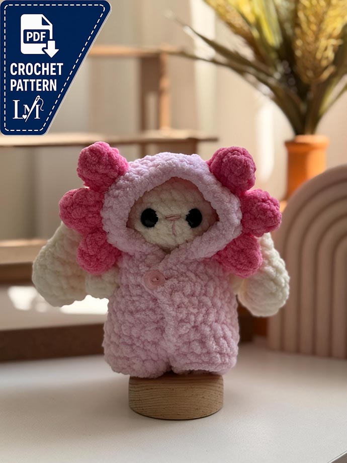 PDF pattern, mini bunny with pajamas (axolotl) pattern in Spanish and English.